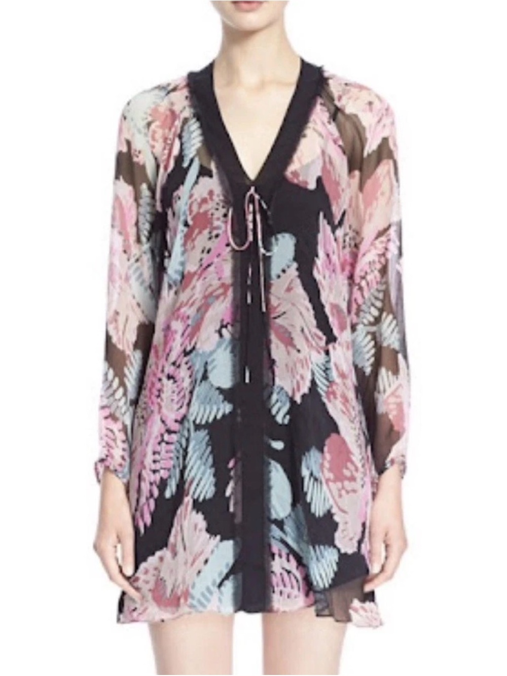 Elizabeth and James Silk Floral Sheer Hem Dress Black S